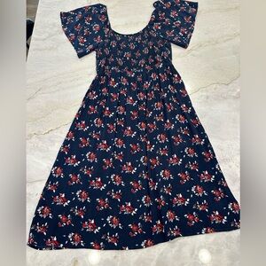 Susina Navy Floral Smocked Dress with Red Flowers